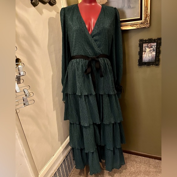 Just Me Emerald Green and Polka Dot tiered Maxi Dress NWOT - Picture 3 of 11